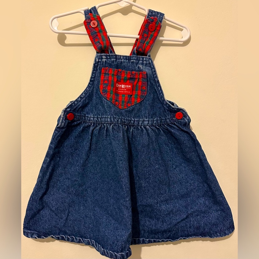 Vtg OshKosh B’Gosh Denim Skirtall Overalls Dress Apples Red Green Plaid